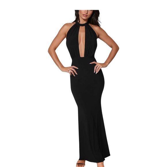 Bebe Women's Floor Length Black Halter Top Low Back Dress NWT Medium - Picture 1 of 6